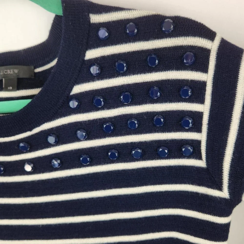 J. Crew 100% Merino Wool Navy White Stripes Embellished Crewneck Sweater sz XS